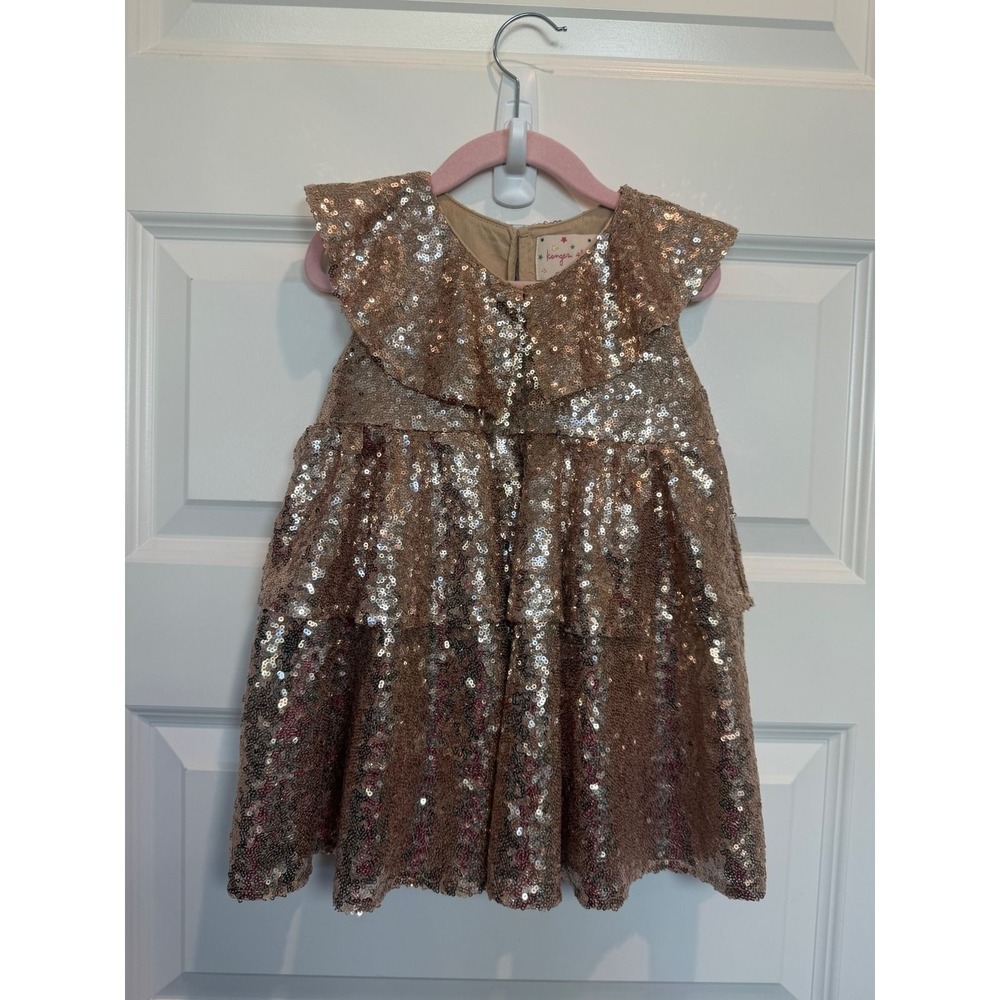 9.Konges Slojd Starla Sequin Dress Rose Gold Tiered Ruffle Collar 18M KS6482